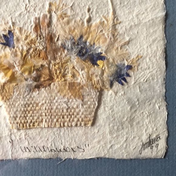 “Wildflowers” 10 1/2 by 11 1/4 framed natural tone wood/ blue mat/ signed - Picture 3 of 10